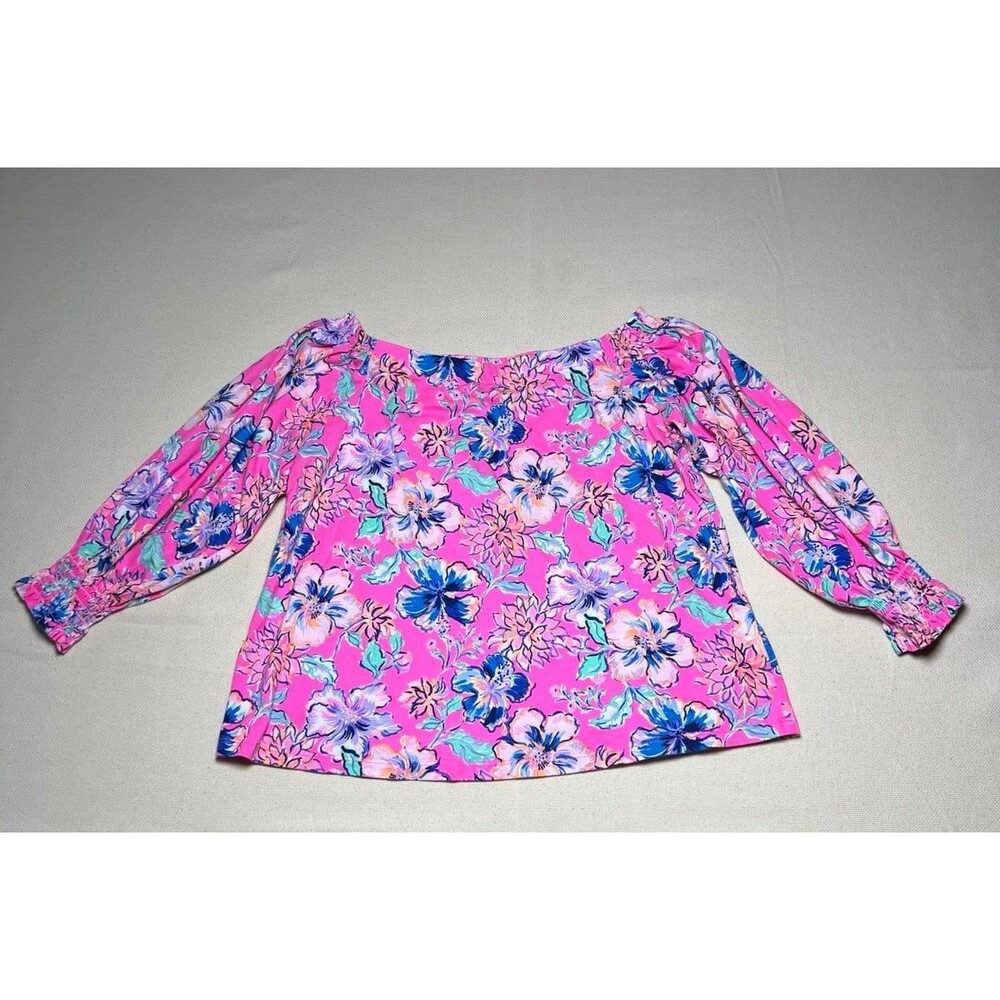 Lilly Pulitzer Lessa Off-The-Shoulder Top Pink Last Bud Not Least Floral Print S